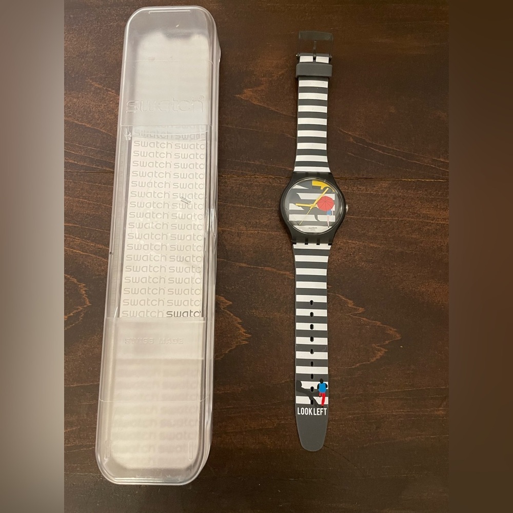 Swatch Black and White Striped Watch with Red and Blue Accents